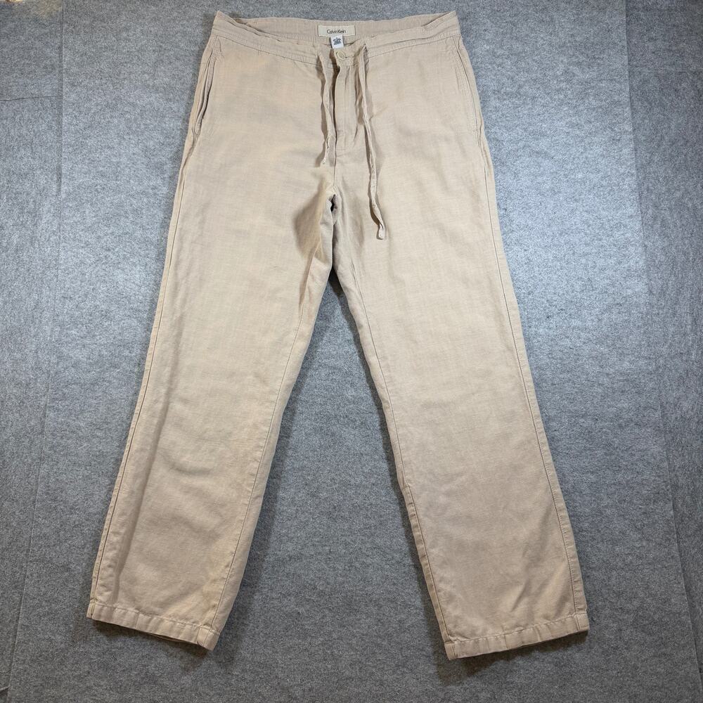 Calvin Klein Linen Pants Womens S Khaki High Rise Relaxed Fit Summer Trousers